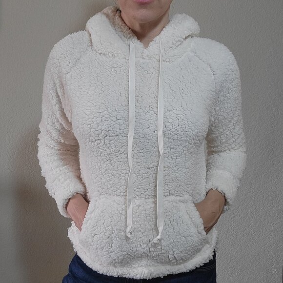 Juniors White Teddy Sherpa Hoodie Sweatshirt Medium Pullover Tie Pocket Jacket - Picture 2 of 4